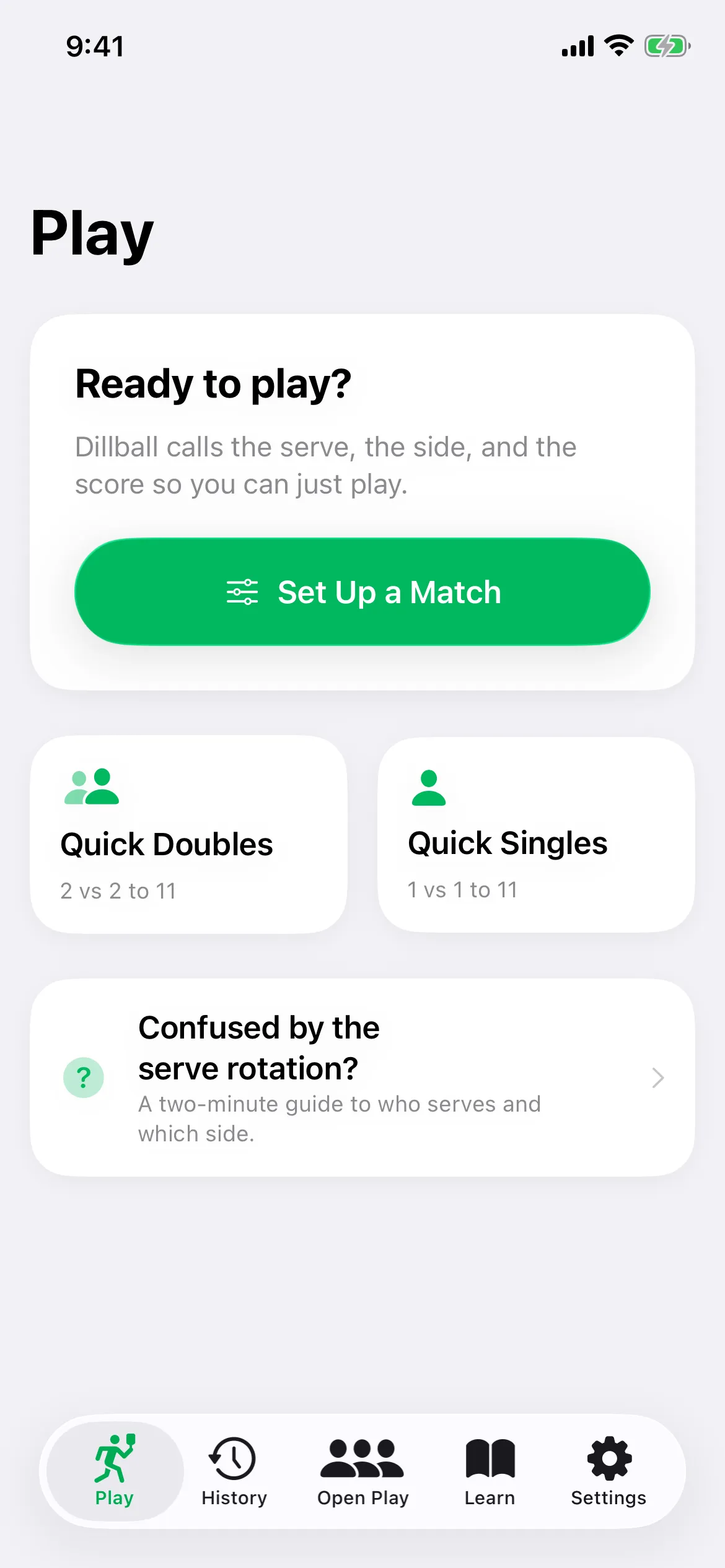 The Dillball Play tab with quick doubles, quick singles, and a serve rotation guide